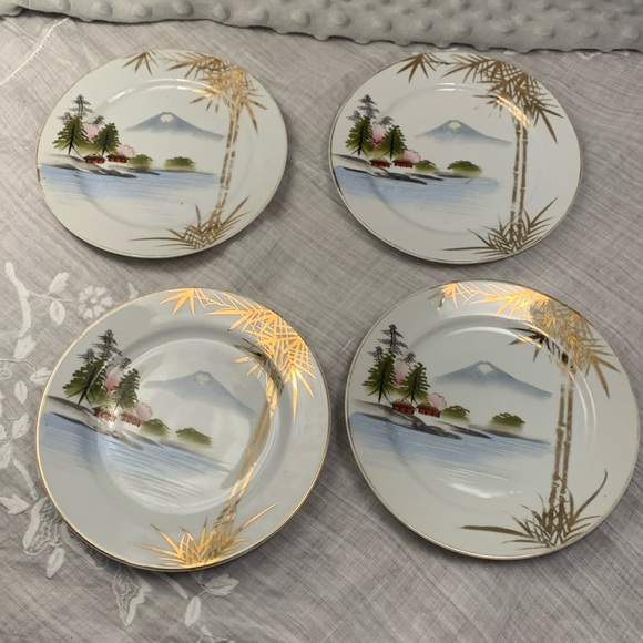 kutani Other - Set of four Kutani Hand Painted Porcelain Mt Fuji Gold Bamboo 6.5” salad plate